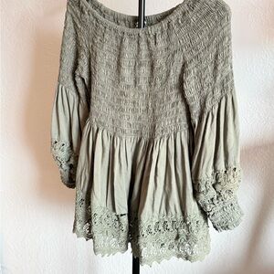 Nostalgia Boho Smocked Peasant Top Lace Trim Olive Green Medium
